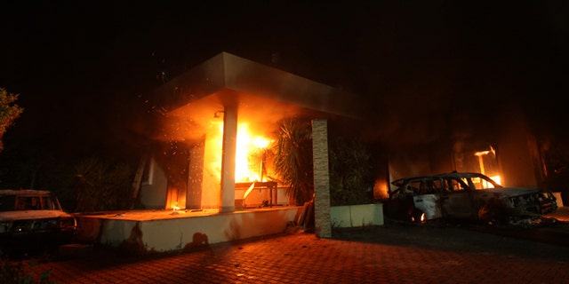 Sept. 11, 2012: The U.S. Consulate in Benghazi is seen in flames.