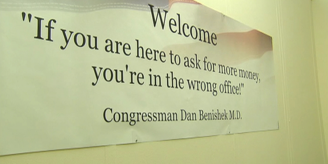 Rep. Dan Benishek, R-Mich., installed this sign in his Capitol Hill office. (From Fox News Video)