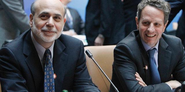 April 15: Federal Reserve Chairman Ben Bernanke, left, sits with Treasury Secretary Timothy Geithner before a meeting of the G-20 at the World Bank/IMF Spring Meetings 2011 in Washington.