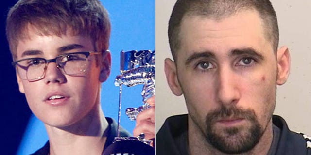 An undated photo provided by the Essex County, N.J., Prosecutor's Office shows Lee Moir of Toronto, Ontario (right). Authorities in Canada have accused Moir, a Justin Bieber (left) impersonator, of threatening and sexually abusing a 12-year-old girl in New Jersey on a video chat site.
