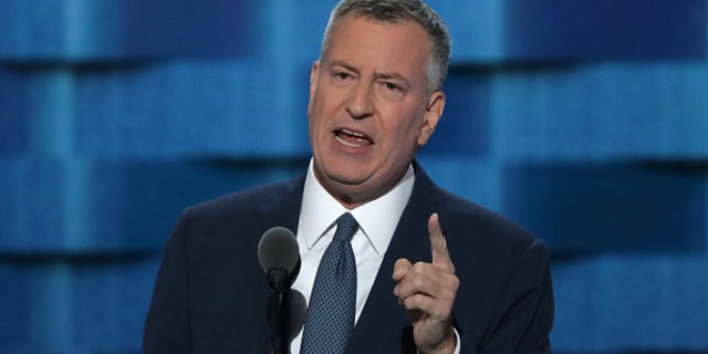 New York City Mayor Bill De Blasio delivers remarks on the third day of the Democratic National Convention on July 27, 2016 in Philadelphia.