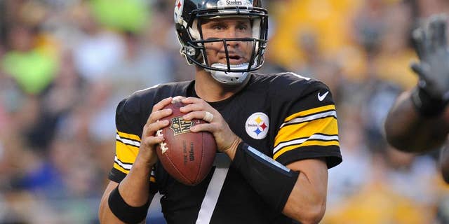 Pittsburgh Steelers quarterback Ben Roethlisberger (7) looks to pass in the first quarter of an NFL football preseason game against the Buffalo Bills on Saturday, Aug. 16, 2014, in Pittsburgh. (AP Photo/Don Wright)