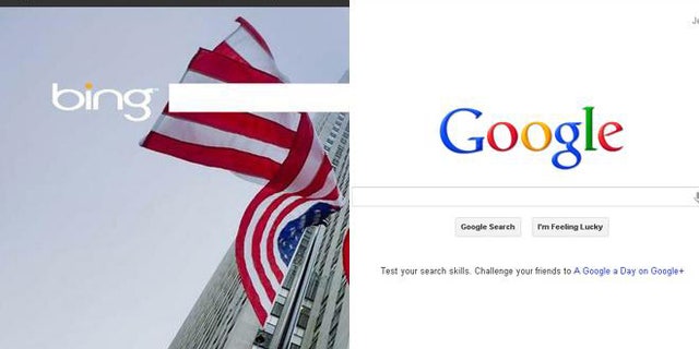 June 14, 2012: Microsoft's Bing search engine adopted a patriotic flag motif backgroun Thursday in celebration of Flag Day. Google's search engine appears to ignore the holiday.