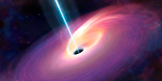Artist's representation of the end result of disruption of a star by a massive black hole. The star is disrupted into a disc around the star, which then falls into the hole, creating powerful jets.