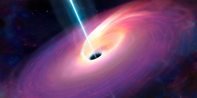 Artist's representation of the end result of disruption of a star by a massive black hole. The star is disrupted into a disc around the star, which then falls into the hole, creating powerful jets.