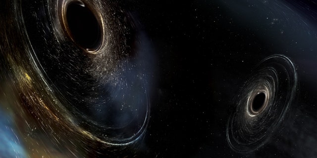 An artist's simulation of two black holes merging in space. The gravity of a black hole is strong enough to warp space, creating the swirling effect around both objects.