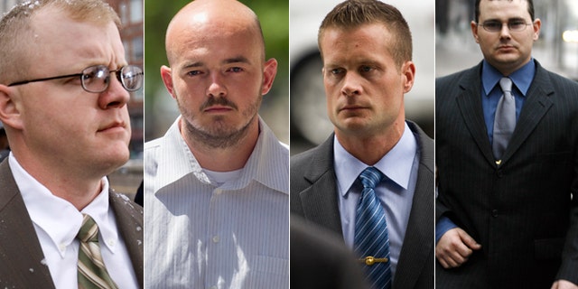 File photos of former Blackwater Worldwide guards Paul Slough (Dec. 8, 2008), Nicholas Slatten (June 11, 2014), Evan Liberty (June 11, 2014) and Dustin Heard (Jan. 6, 2009).