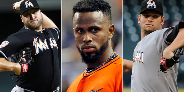 This photo combo made from file photos shows Miami Marlins players, from left, pitcher Mark Buehrle, shortstop Jose Reyes, and pitcher Josh Johnson. The Miami Marlins have finalized their big salary dumping trade that sends Reyes to the Toronto Blue Jays with pitchers Buehrle and Johnson, catcher John Buck and outfielder Emilio Bonifacio for seven relatively low-priced players. (AP Photos)