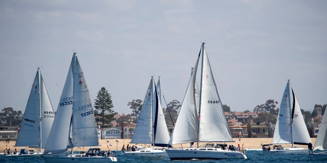 April 27, 2012: Boats tack for position before the start of the Newport Ocean Sailing Association's Newport to Ensenada yacht race.