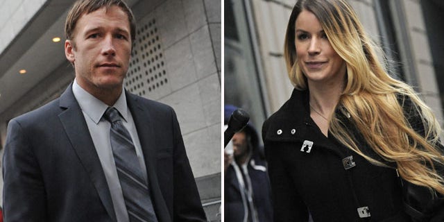 December 9, 2013: Olympic skier Bode Miller, left, and his ex-girlfriend Sara McKenna outside family court in New York City. The two have reached a temporary agreement to share custody of their infant son (AP Photos)