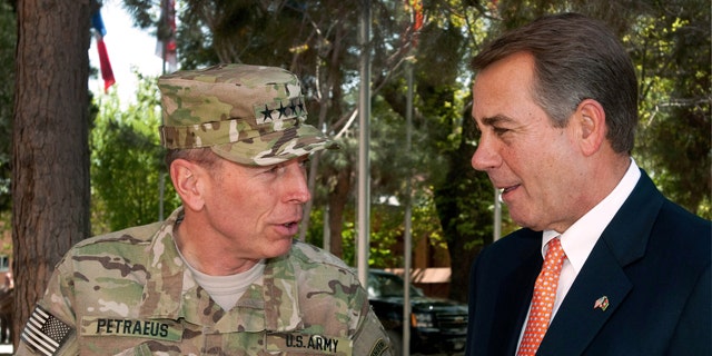 April 19: In this photo provided by ISAF Headquarters, U.S. Army Gen. David H. Petraeus, commander of NATO and International Security Assistance Force troops in Afghanistan, left, talks with House Speaker John Boehner of Ohio during a congressional delegation visit in Kabul, Afghanistan.