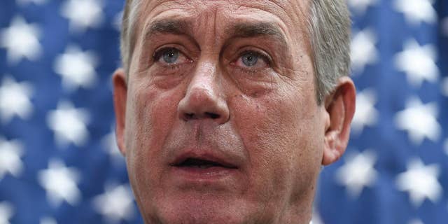 In this Feb. 25, 2014, photo, House Speaker John Boehner of Ohio speaks to reporters following a meeting on Capitol Hill in Washington. Boehner has a possible escape from the homeland security funding impasse if he’s willing to use it: cooperative Democrats. (AP Photo/Susan Walsh)
