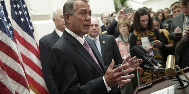 WASHINGTON, DC - FEBRUARY 25: Speaker of the House John Boehner (R-OH) answers questions during a press conference following the weekly House Republican conference meeting at the U.S. Capitol February 25, 2015 in Washington, DC. With Department of Homeland Security funding set to expire on Friday of this week, Boehner and House Republican leadership faced numerous questions on a possible shutdown of DHS if a compromise is not reached with Democratic members of Congress. (Photo by Win McNamee/Getty Images)