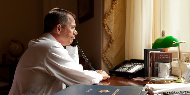House Speaker Boehner's office. Speaker Boehner talks with President Obama about the president's plan in Afghanistan.
