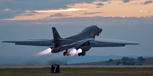 July 24, 2012: An Air Force B-1 bomber rumbling down the flightline at Ellsworth Air Force Base, S.D., as part of a training mission.