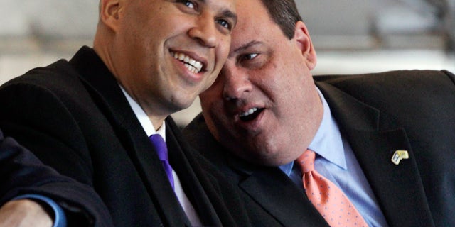 FILE: Feb. 9, 2012: New Jersey Gov. Chris Christie, right, talks with Newark Mayor Cory A. Booker during groundbreaking ceremonies in downtown Newark, N.J.