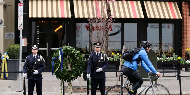 The site of the second of two bombs that exploded near the finish line of the 2013 Boston Marathon.
