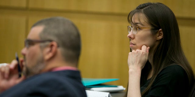 April 11, 2013: Defendant Jodi Arias listens during redirect of Alyce LaViolette, a domestic violence expert, during Arias's trial at Maricopa County Superior Court in Phoenix.