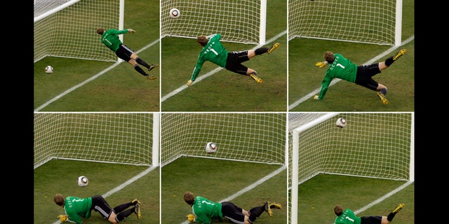 The June 27, 2010 file photo combo shows Germany goalkeeper Manuel Neuer looking at the ball that hit the bar to bounce over the line during the World Cup round of 16 soccer match between Germany and England at Free State Stadium in Bloemfontein, South Africa. FIFA will use goal-line technology in international matches for the first time at the Confederations Cup, starting with Saturdays, June 15, 2013 opening match between Brazil and Japan.