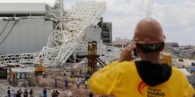 The Itaquerao Stadium after a collapse in Sao Paulo, Brazil, Wednesday, Nov. 27, 2013.