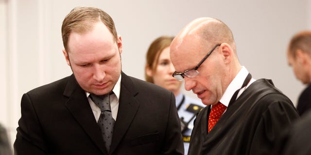 April 23: Anders Behring Breivik (left), and his defence lawyer Geir Lippestad during the morning break on day 6 of the trial in Oslo.