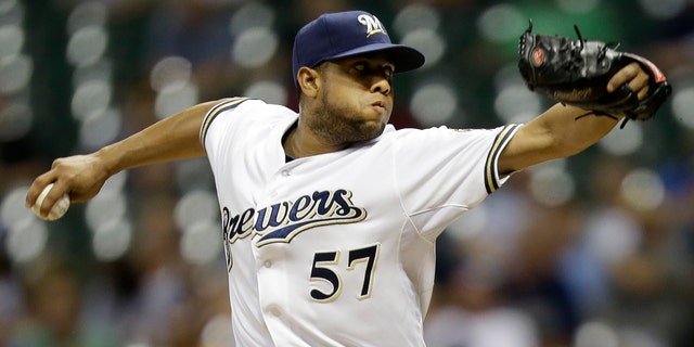 MILWAUKEE, WI - JULY 18: Francisco Rodriguez #57 of the Milwaukee Brewers pitches in the top of the ninth inning against the Miami Marlins at Miller Park on July 18, 2013 in Milwaukee, Wisconsin. (Photo by Mike McGinnis/Getty Images)