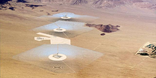 A model rendering of BrightSource Energy’s Ivanpah Solar Power Complex.