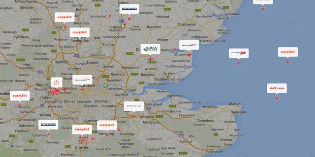 Dec. 12, 2014 - A screen shot taken from planefinder.net of aircraft approaching British airspace Friday. The European air control agency Eurocontrol says London airspace was closed due to a computer failure. Officials at London Heathrow Airport said Friday there was a power outage at the NATS control center in Swanwick, England but the problems were fixed about 35 minutes later. The agency said its operations were in the process of returning to normal but would not say how long that would take.