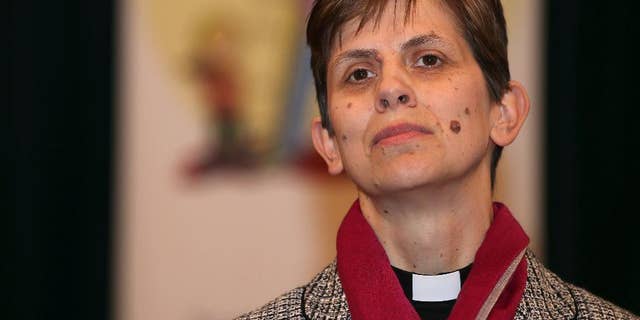 Dec. 17, 2014: Libby Lane pauses as she delivers a speech in the Stockport Town Hall, after the announcement by the Church of England that she will be appointed as the first female bishop, in Stockport, England.