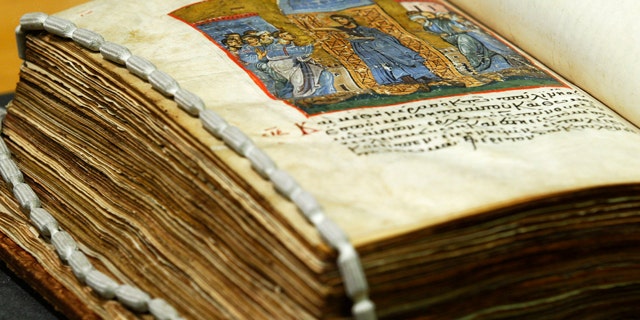 A late 12th century illuminated gospels manuscript in Greek, which has been digitized, is seen at the British Library in London, Friday, Sept. 24, 2010. British Library has digitized over a quarter of its Greek manuscripts (284 volumes) for the first time and made them freely available online.