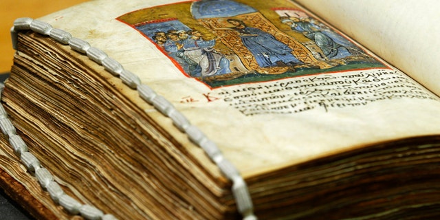 A late 12th century illuminated gospels manuscript in Greek, which has been digitized, is seen at the British Library in London, Friday, Sept. 24, 2010. British Library has digitized over a quarter of its Greek manuscripts (284 volumes) for the first time and made them freely available online.