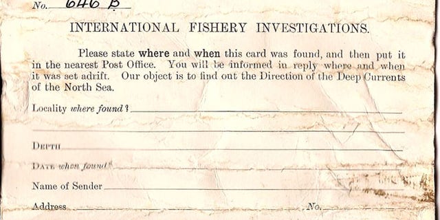 This undated photo made available Aug. 30, 2012, by the Scottish Government, shows the message in a bottle discovered by fisherman Andrew Leaper, which set a new world record for the length of time spent at sea, beating the previous record by more than five years.