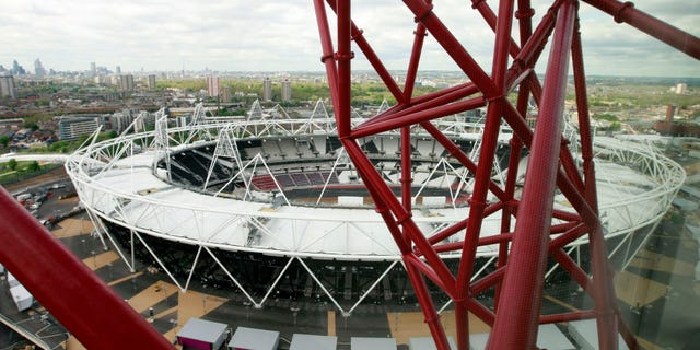 May 11, 2012: A view of the Olympic Stadium from the ArcelorMittal Orbit sculpture during the official unveiling at the Olympic Park, London, Friday.