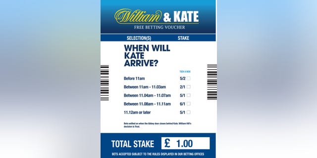 This undated image made available by bookmaker William Hill, shows the design of the company's rebranded limited edition William & Kate betting slip, with a free £1 bet to be placed on what time Kate Middleton will arrive at London's Westminster Abbey on April 29, to marry Prince William. William Hill is giving away 20 one pound free bets in each of its 2,300 shops. The first £50,000 (US$ 81,525: euro 56,545) free bets are on the day only on a first-come-first-served basis.