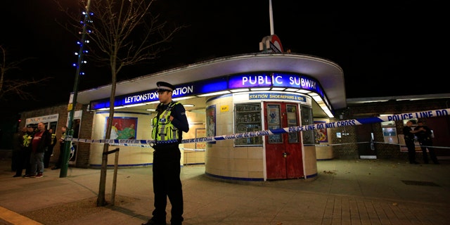 Dec. 5, 2015: Police cordon off Leytonstone Underground Station in east London following a stabbing incident. (Jonathan Brady/PA via AP)