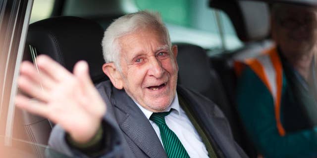 FILE - This is a June 7, 2014  file photo  of  Bernard Jordan, the war veteran found in Normandy after being reported missing from his care home. A British nursing home said an ex-naval officer who gained attention after vanishing from his care facility and taking an impromptu bus ride to France to attend D-Day commemorations has died. Bernard Jordan was 90. Gracewell Healthcare confirmed Jordan’s death on Tuesday Jan. 6, 2015. (AP Phto/Chris Ison/PA, File)
