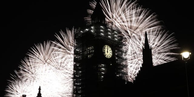 Fireworks surround London's Big Ben, which is undergoing renovation work.