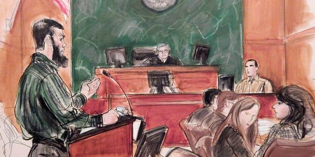FILE - In this Feb. 18, 2015, courtroom file sketch, Abid Naseer, left, accused of being an al-Qaida operative, questions Najibulla Zazi, center right, a cooperating government witness, as Assistant U.S. Attorney Zainab Ahmad, far right, observes Naseer, and Judge Raymond Dearie listens from the bench in federal court in the Brooklyn borough of New York, where Naseer is acting as as his own attorney. During closing arguments Monday, Feb. 23, Nasser denied being part of a terror conspiracy to attack targets in America and Europe. In her closing argument, Ahmed told jurors that the arrests of Naseer and other members of a terror cell in Manchester, England in 2009 averted mass murder there. The government alleges Naseer had received bomb-making instruction in Pakistan in 2008. (AP Photo/Elizabeth Williams, File)