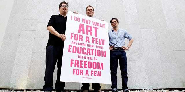 September 10: British artists Mark Wallinger, David Shrigley, and Jeremy Deller, pose for the media as they launch a campaign to lobby against the Governments proposed 25 per cent cuts in arts funding, in London. (AP)
