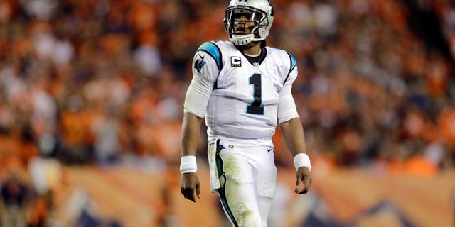 Carolina Panthers quarterback Cam Newton (1) walks to the sidelines during the second half of an NFL football game against the Denver Broncos, Thursday, Sept. 8, 2016, in Denver. (AP Photo/Joe Mahoney)
