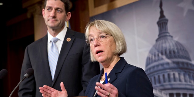 House Budget Committee Chairman Paul Ryan, R-Wis., left, and Senate Budget Committee Chairwoman Patty Murray, D-Wash., announce a tentative agreement between Republican and Democratic negotiators on a government spending plan, at the Capitol in Washington, Tuesday, Dec. 10, 2013. Negotiators reached the modest budget agreement to restore about $65 billion in automatic spending cuts from programs ranging from parks to the Pentagon, with votes expected in both houses by week's end. (AP Photo/J. Scott Applewhite)