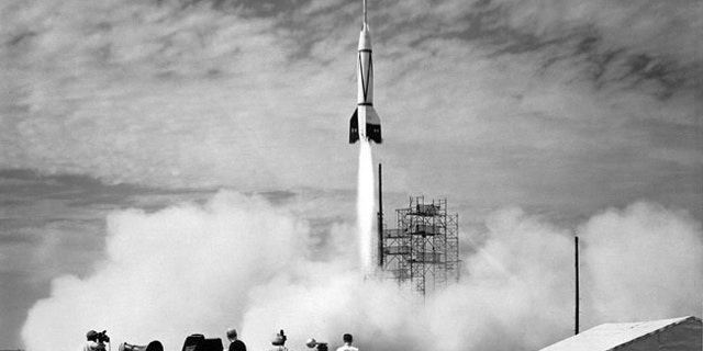 Bumper 8 lifts off on July 24, 1950 from the Long Range Proving Grounds in Cape Canaveral, Florida.