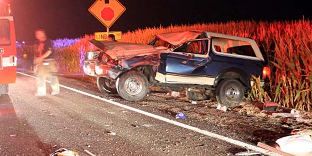 This Sept. 14, 2014 photo provided by the Ada County, Idaho, Sheriff's Office shows a Ford Bronco after it crashed with five teenagers aboard, after authorities say one of the passengers lit the drivers armpit hair on fire with a lighter in rural Ada County outside of Boise. (AP/Ada County Sheriffs Office)