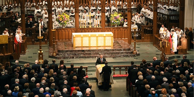 Barbara Bush's casket is brought to the altar on Saturday, April 21, 2018.