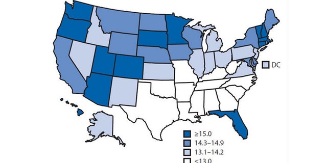 A map of the United States showing healthy life expectancy - how many years a person can be expected to live in good health - by state.