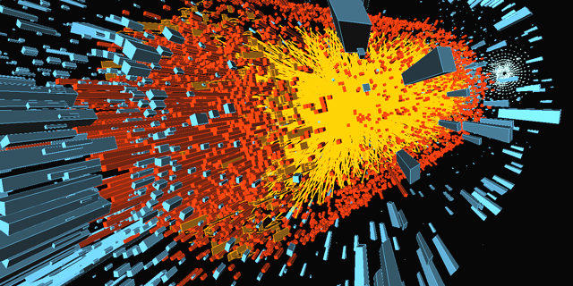 A computer simulation of the first lead ion collision in the Large Hadron Collider, a simulation of the events immediately after the Big Bang.