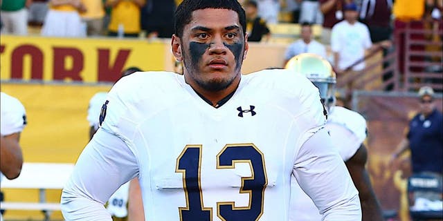 Nov 8, 2014; Tempe, AZ, USA; Notre Dame Fighting Irish tight end Tyler Luatua (13) against the Arizona State Sun Devils at Sun Devil Stadium. Arizona State defeated Notre Dame 55-31. Mandatory Credit: Mark J. Rebilas-USA TODAY Sports