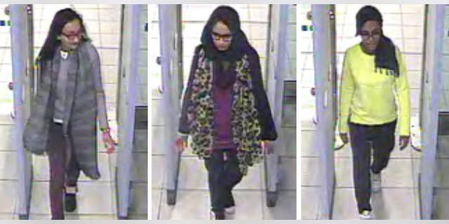 Feb. 23, 2015: This is three image combo of stills taken from CCTV issued by the Metropolitan Police in London. Kadiza Sultana, 16, left, Shamima Begum,15, centre and and 15-year-old Amira Abase going through security at Gatwick airport, before they caught their flight to Turkey on Tuesday Feb 17, 2015.