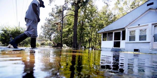 CORRECTS TO EDISTO ISLAND SOUTH CAROLINA, NOT GEORGIA - Kyle Simmons wades through water to check on the home of his grandmother following Hurricane Matthew in Edisto Island, S.C., Sunday, Oct. 9, 2016. A deteriorating Matthew was stripped of hurricane status Sunday morning and began making its slow exit to the sea. (AP Photo/David Goldman)