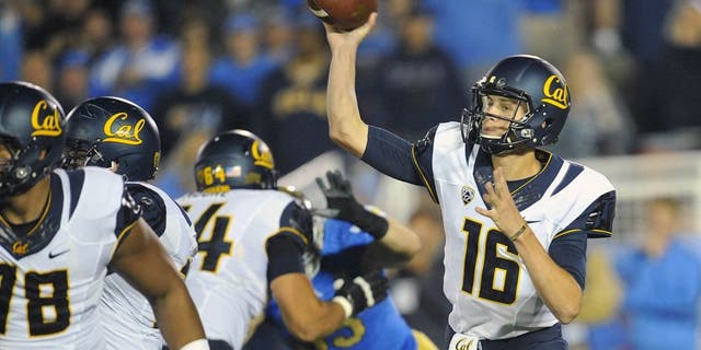 October 12, 2013; Pasadena, CA, USA; California Golden Bears quarterback Jared Goff (16) throws a pass against the UCLA Bruins during the first half at the Rose Bowl. Mandatory Credit: Gary A. Vasquez-USA TODAY Sports